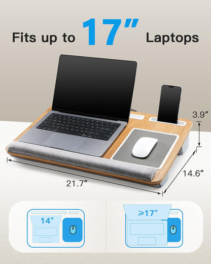Lap Desk - Fits up to 17 Inches Laptop Desk, Built in Mouse Pad & Wrist Pad for Notebook, Laptop, Tablet, Lap Stand with Tablet, Pen & Phone Holder, Wood Grain