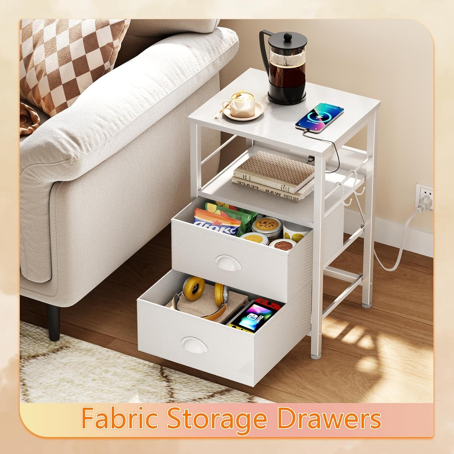 End Table with Charging Station, Nightstand with Fabric Drawers, Side Tables with USB Ports & Outlets, Night Stand with Storage Shelf & Hooks, for Living Room/Bedroom, White