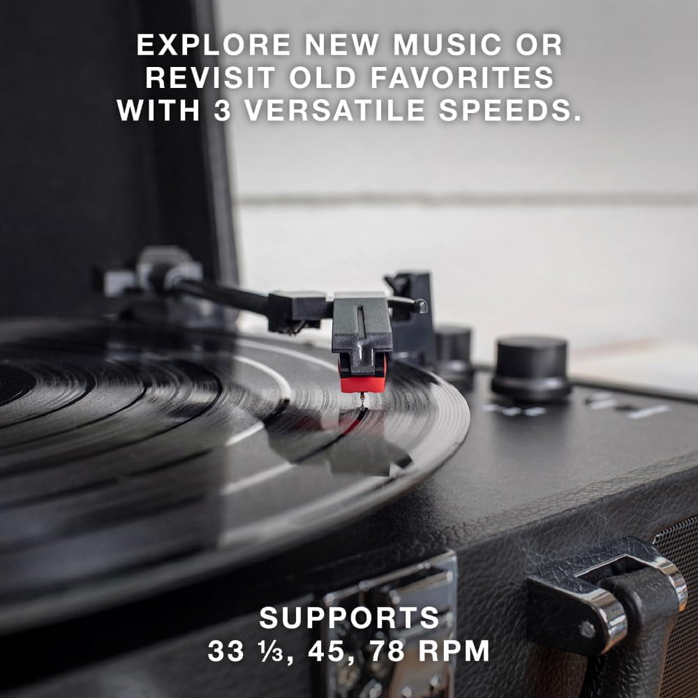 Journey Bluetooth Portable Suitcase Record Player – with Built-In Speakers, 3 Speed Vinyl Record Player, RCA Out, Headphone Jack (Gray)