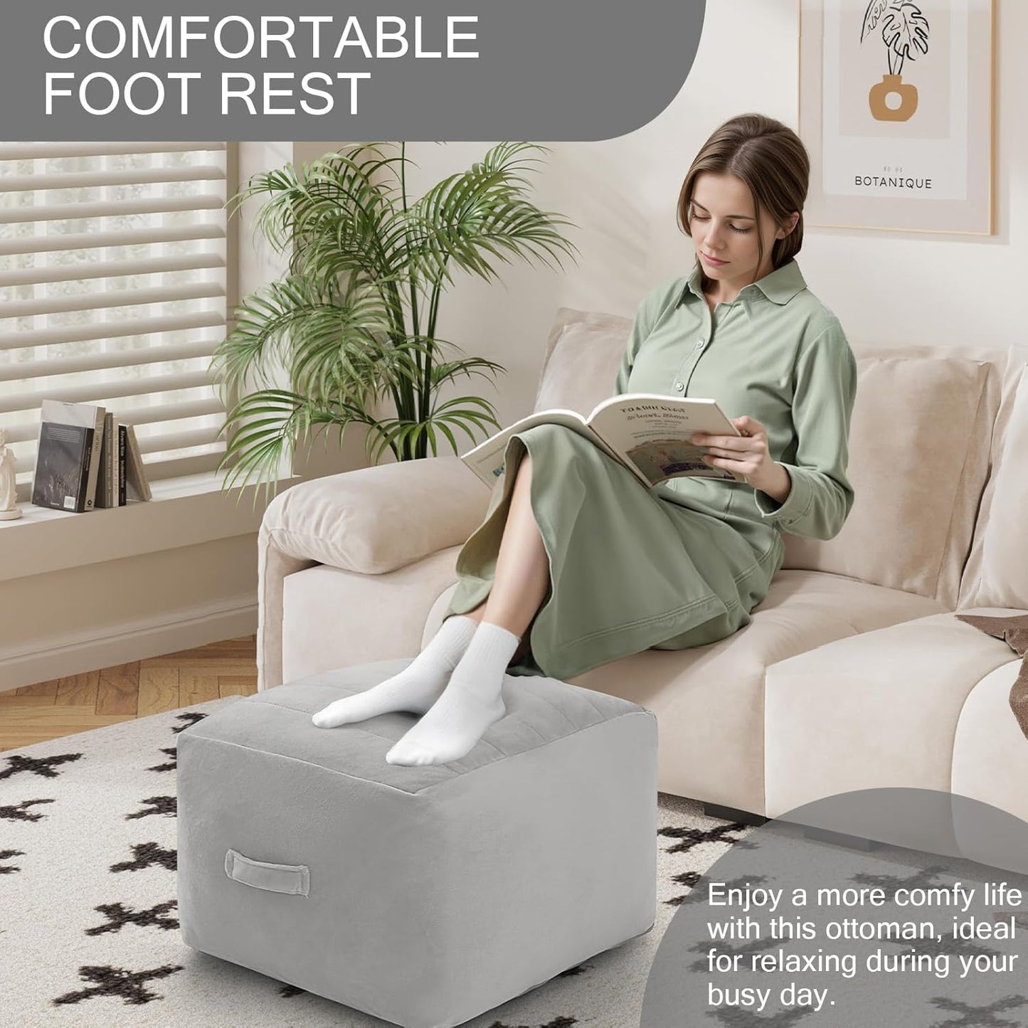 Square Stuffed Pouf Ottoman Foot Rest, Floor Pouf Foot Stool with Foam Chunk Filling, Soft Stuffed Ottoman Footrest for Living Room, Light Grey