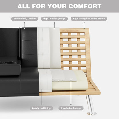 Faux Leather Futon Sofa Bed Futon Couch with Removable Armrests Adjustable Sleeper Sofa Bed with 2 Cup Holders for Living Room (PU Leather, Black)