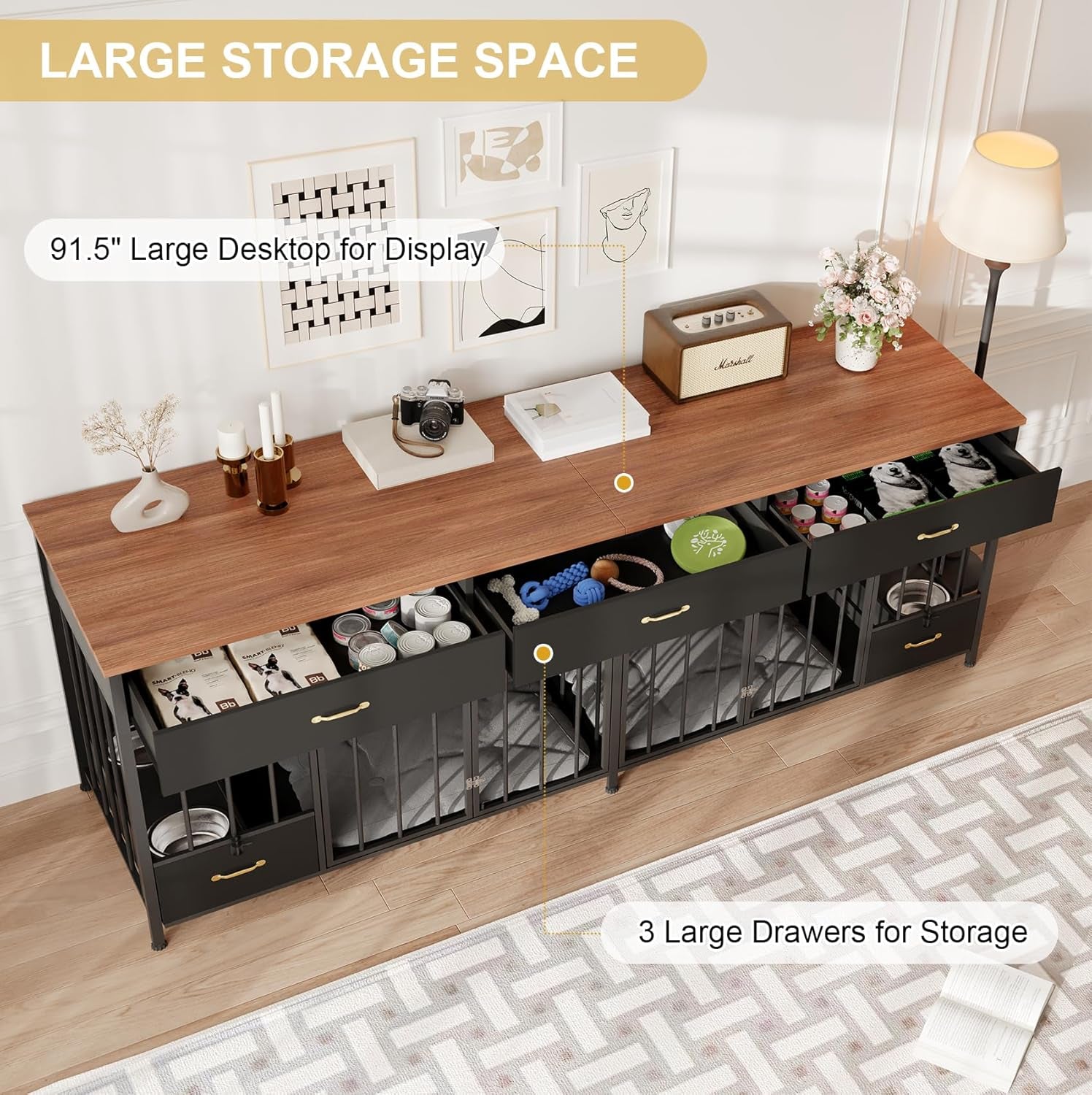 Large Dog Crate Furniture with Feeder, 91.5" Wooden Dog Kennel Furniture with 3 Drawer and Dog Bowls, Double Dog Crate TV Stand Table for Small Medium Large Dogs, Black