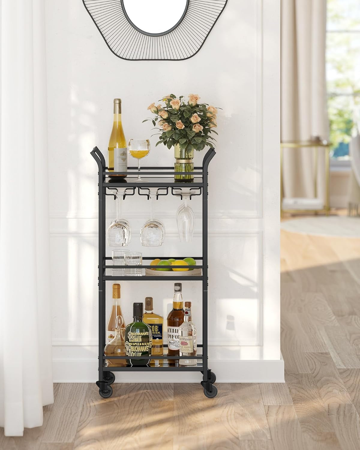 Bar Cart, Home Bar Serving Cart, Small Bar Serving Cart with 3-Tier Shelf, Wine Holders, Glass Holders, Mini Bar Cart for Small Spaces, Kitchen, Dining Room, Living Room, Ink Black