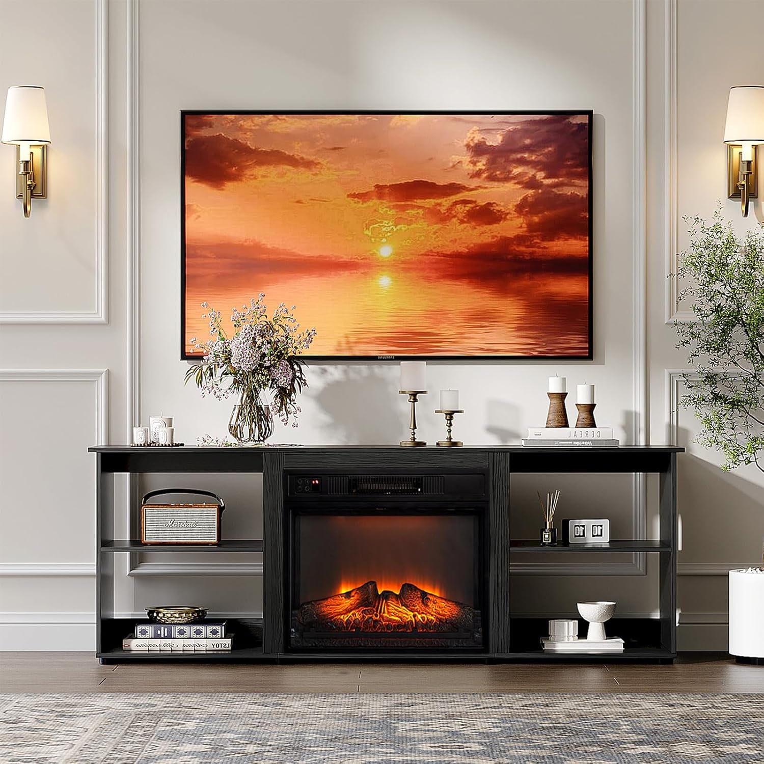 Fireplace TV Stand for up to 70 Inch Tvs, Modern Entertainment Center with Electric Fireplace Heater & Two Open Adjustable Shelves, Fireplace Media Console Table for Living Room, Black