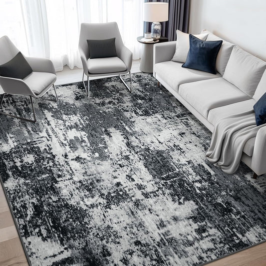 Washable Area Rugs 5'X7' Non-Slip Modern Abstract Soft for Living Room Entryway Bedroom Nursery, Print Pattern, Black Navy Blue Gray