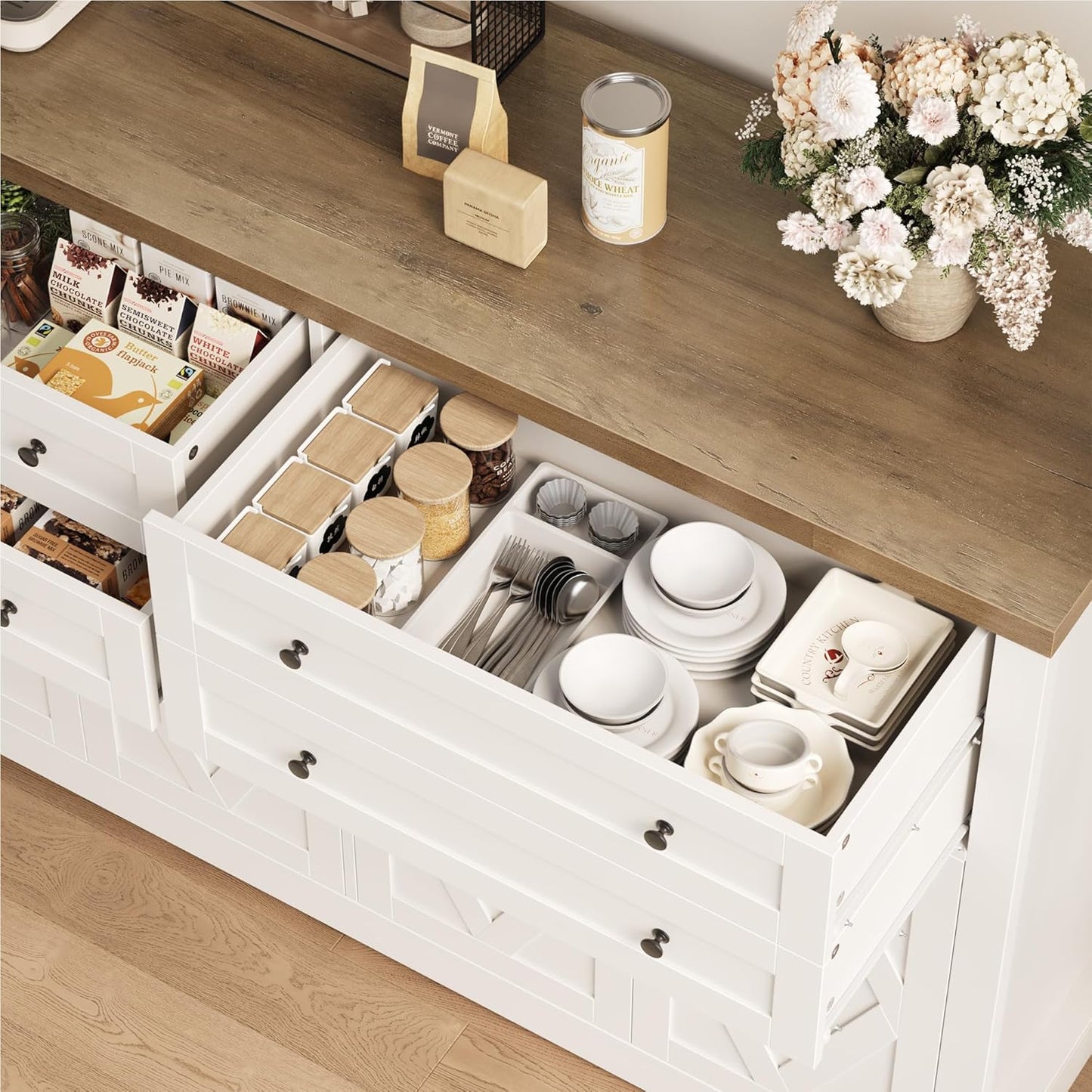 55" Coffee Bar with 4 Large Drawers, 40" Tall Buffet Cabinet with Storage, Kitchen Storage Cabinet, Modern Farmhouse Sideboard Buffet, Adjustable Shelves for Living Room, White