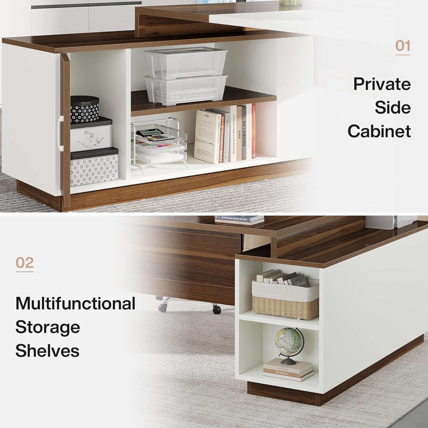 L-Shaped Executive Office Desk, 70.5-Inch Mid-Century Modern Executive Desk with Storage Cabinet and Shelves, Large Computer Desk for Home Office, Brown + White