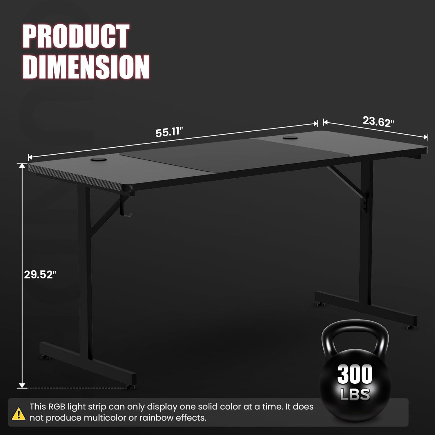 Gaming Desk 55 Inch with LED Lights, Large Computer Desk with Mouse Pad for Home Office, T-Shaped Carbon Fibre Surface PC Game Workstations with Headphone Hook