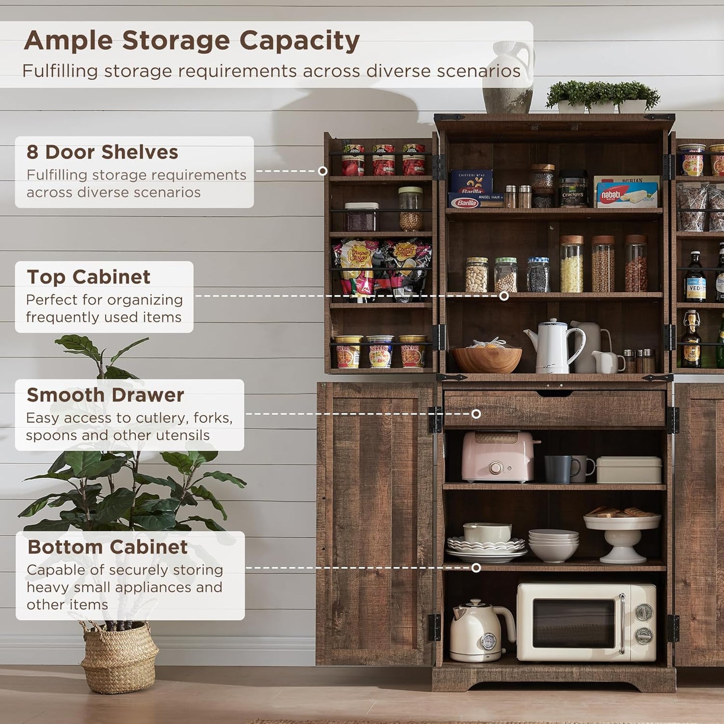 72" Tall Kitchen Pantry, Farmhouse Storage Cabinet with Barn Doors, Organizer, Drawer and Adjustable Shelves, Rustic Wood Cupboard for Kitchen, Dining Room, Bathroom, Rustic Brown