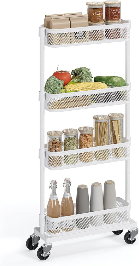 Slim Storage Cart, 4-Tier Metal Rolling Cart with Wheels, Flexible Baskets, Narrow Cart for Kitchen, Bathroom, Laundry Room, Easy Assembly, White UBSC065W01