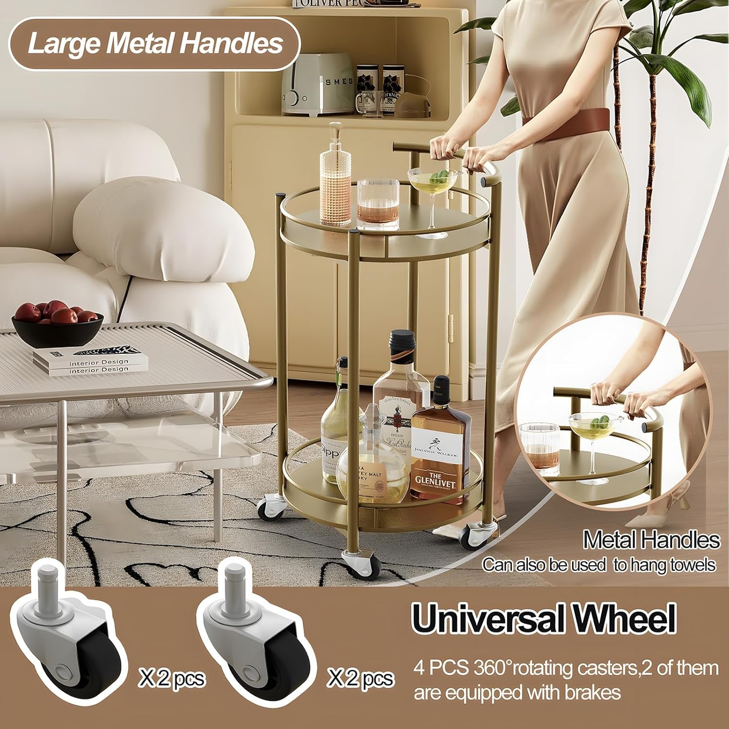 Bar Cart Gold Rolling Cart for Home,2 Tiers Bar Serving Cart round Wine Cart with Handle, Metal Wine Rack and Casters, Serving Bar Trolley for Home Kitchen,Living Room,Christmas,New Year