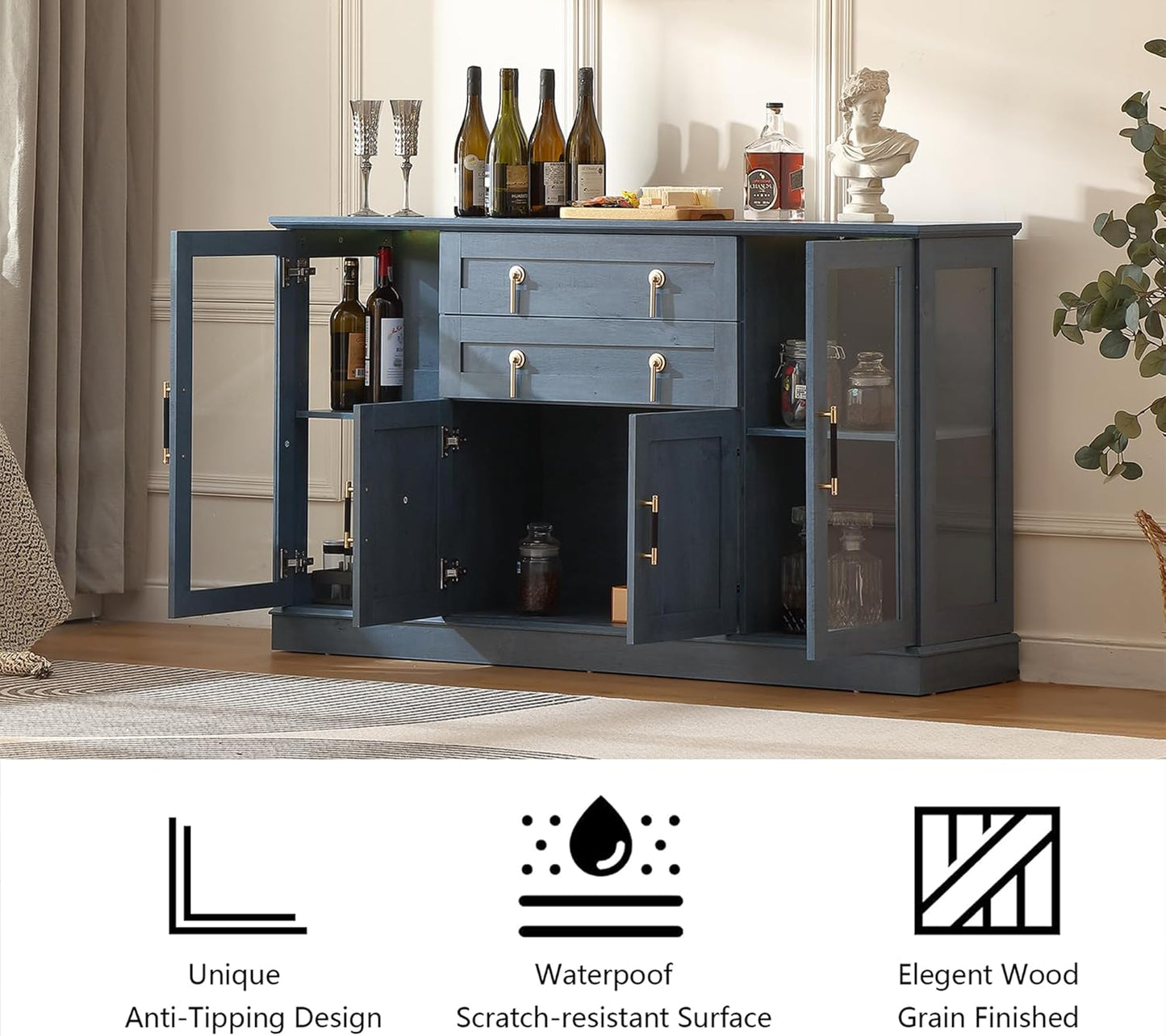 58.2'' Modern Sideboard Buffet Cabinet with Storage, Accent Coffee Bar Cabinet with 2 Glass Doors,Sideboard Credenza with Golden Handles and Adjustable Shelves,Blue
