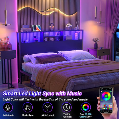 Headboard for Queen Size Bed with Storage, Headboards with Outlets, USB Ports and LED Light, Queen Size Head Board Only, Height Adjustable, Reversible, Sturdy and Stable Headboard, Black