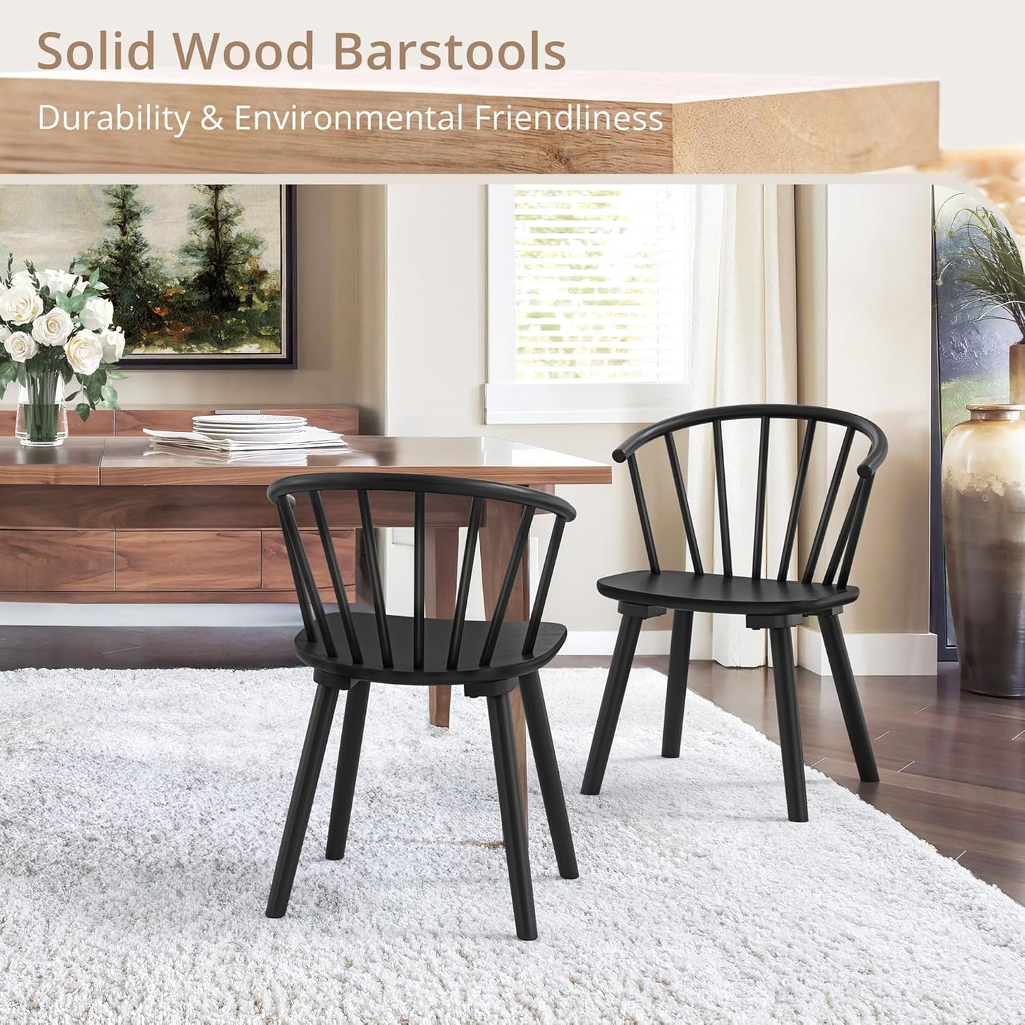 Black Dining Chairs Set of 4, Farmhouse Wood Dining Chairs with Semicircular Backrest, Spindle Dining Chair for Kitchen and Dining Room, 18 Inch