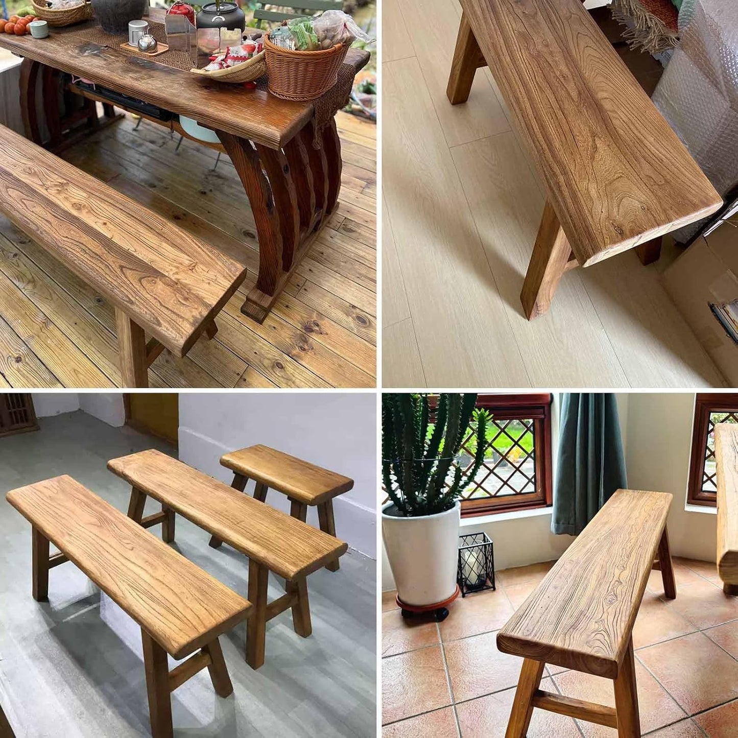 Farmhouse Wooden Dining Bench Indoor Natural Solid Wood Living Room Kitchen Long Bench 20" 32" 39" 47" 55" 63" 71" 79" Entryway Shoe Rack Bench for Bedroom Hallway Easy to Assemble Sturdy and Stable(4