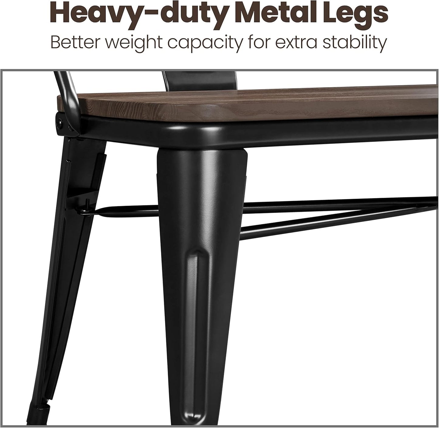 Industrial Metal Dining Bench Mid-Century Farmhouse Bench with Wooden Top Seat and Removable Backrest for Kitchen/Garden, Black