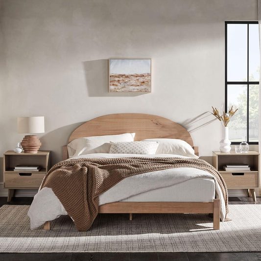 Queen Boho Arched Headboard Solid Wood Bed, Queen Size, Cerused White