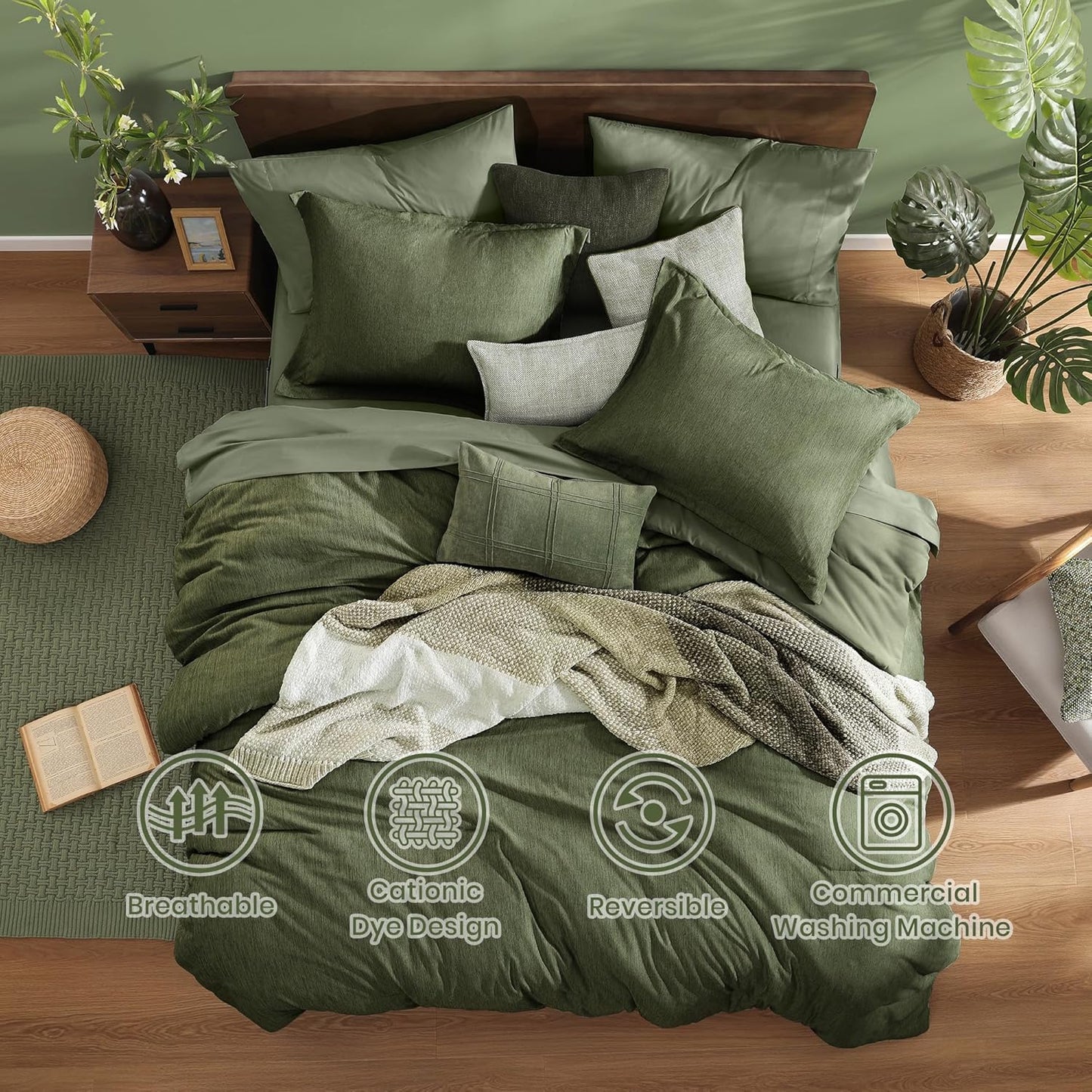 Queen Comforter Set - 7 Pieces Cationic Dyeing Olive Green Bed in a Bag Queen Bedding Sets with Comforter, Sheets, Pillowcases & Shams, Reversible Bedding Comforters Sets