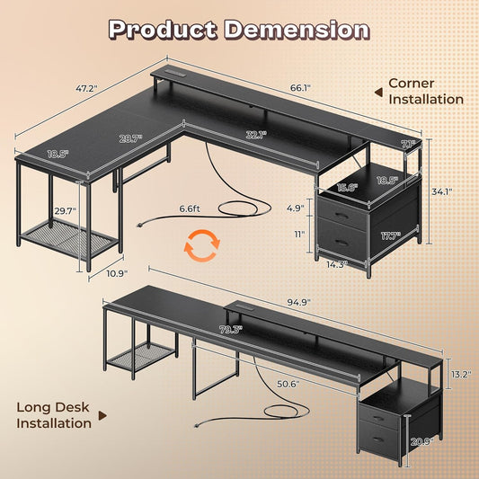 66" L Shaped Gaming Desk with LED Lights & Power Outlets, Computer Desk with Fabric Drawers and Print Stand, Corner Office Desk, Monitor Stand, Mesh CPU Stand, Black