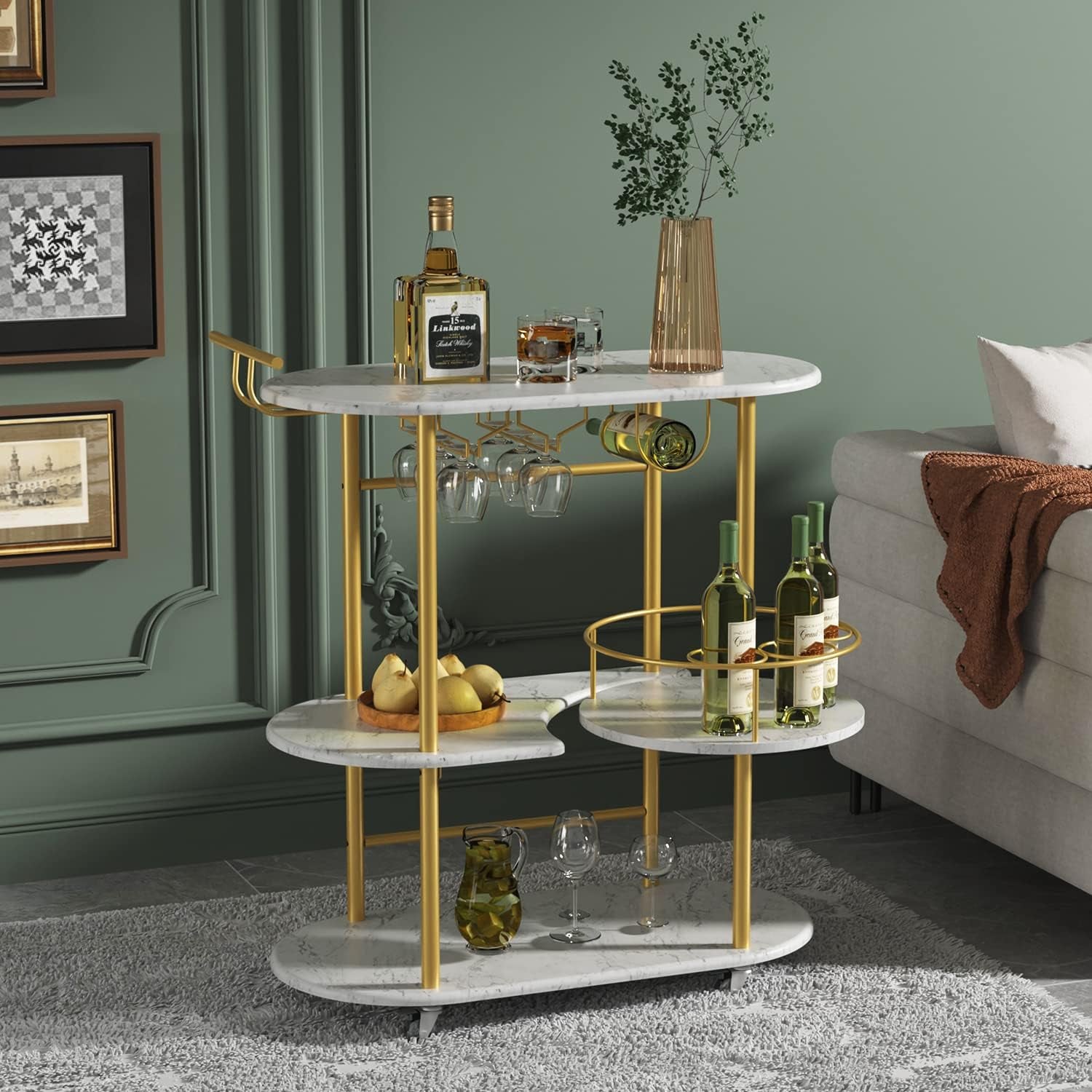 Gold Bar Carts with 4-Tier Storage Shelves, Mobile Bar Serving Cart with Wine Rack and Glass Holder, for the Home, Kitchen, Living Room, Dining Room