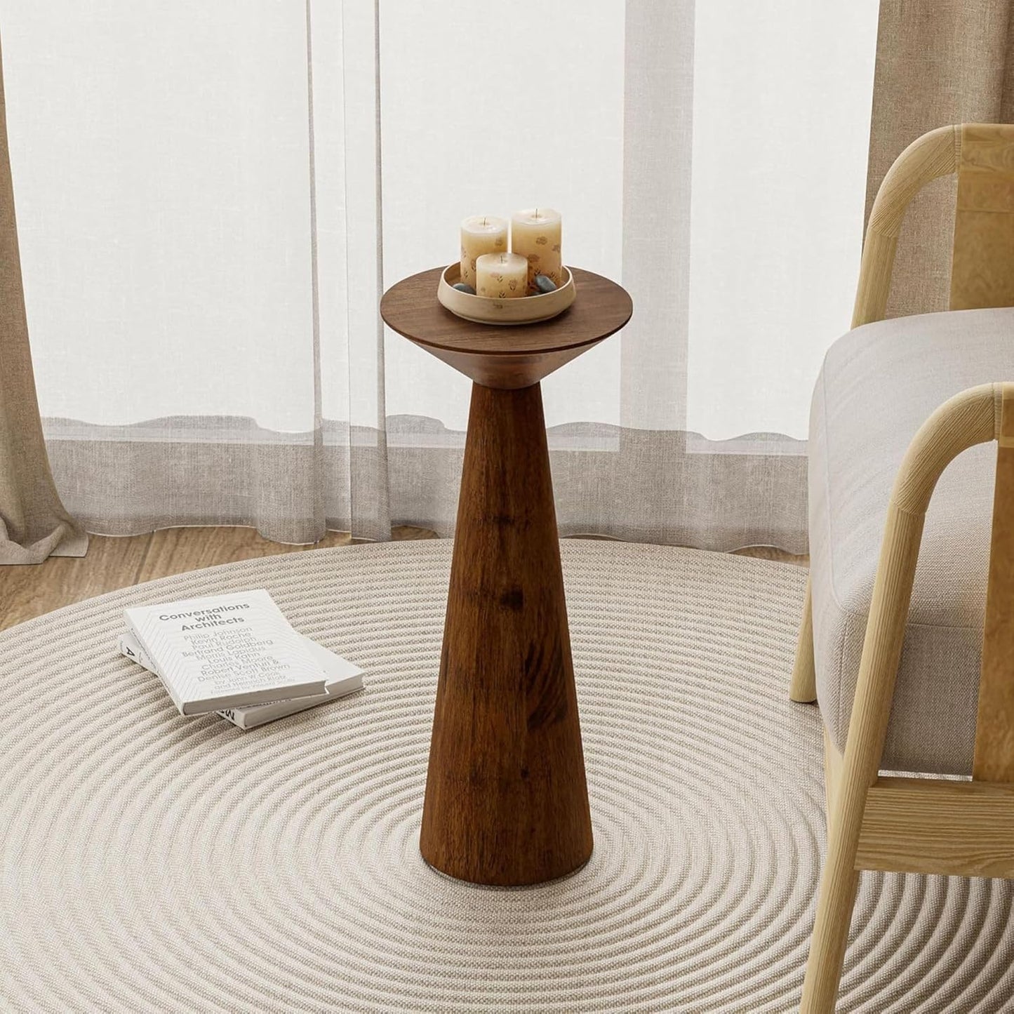 22.8” Tall round Martini End Table, Walnut – Solid Pine Wood Pedestal Accent Drink Stand with Tapered Base – Farmhouse Modern Furniture for Living Room, Bedroom & Small Spaces
