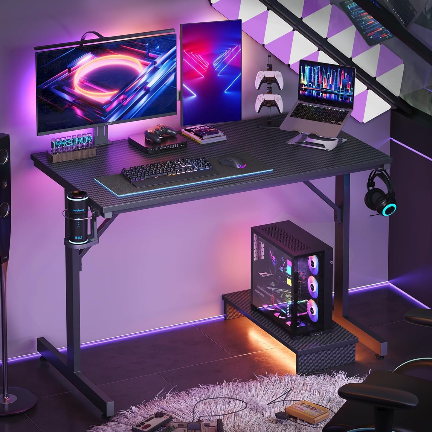 42 Inch Gaming Desk with LED Lights, Small Computer Gaming Table with Monitor Shelf, Gamer Desk with Headphone Hook, Kids Boys Computer Table with Black Carbon Fiber Texture