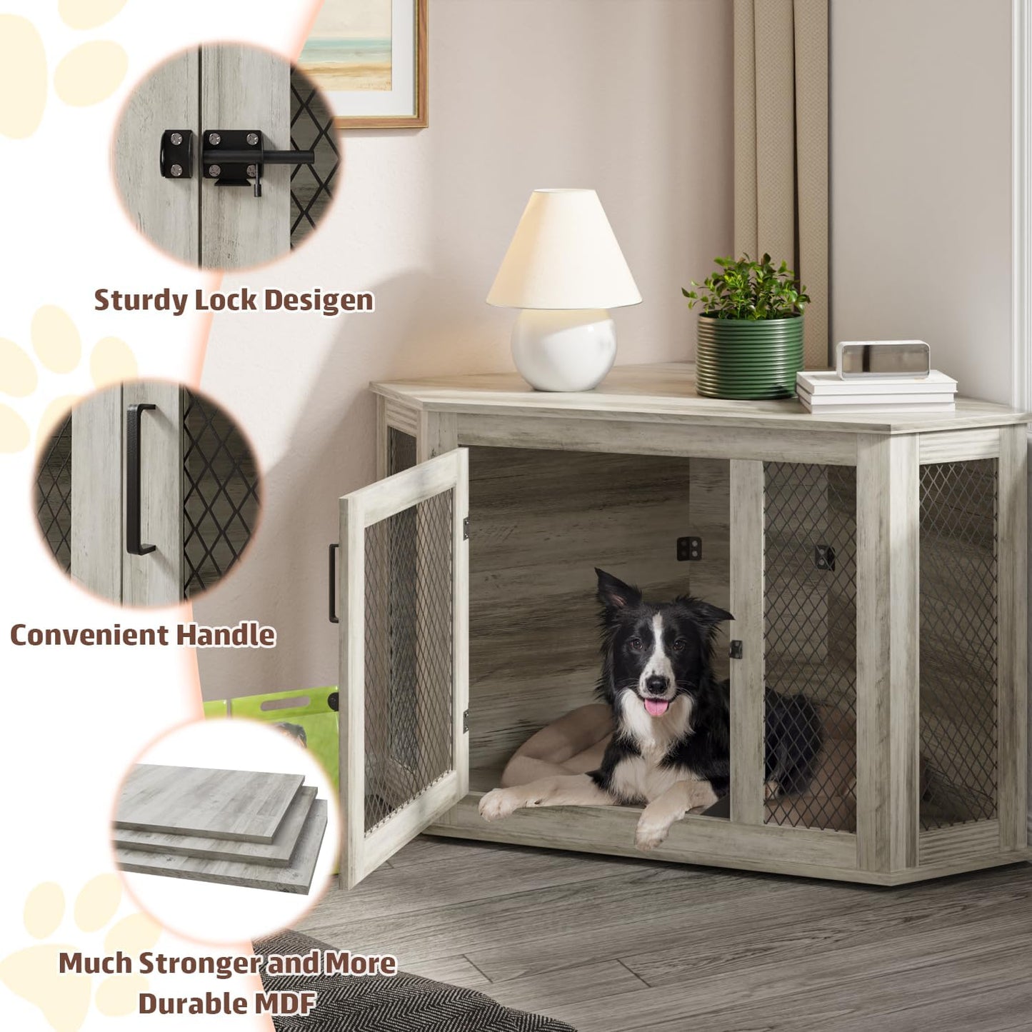 52Inch Corner Dog Crate Furniture,Wooden Dog Kennel Furniture with Mesh,Decorative Wood Dog House for Indoor Use,For Small/Medium/Large Dog,Perfect for Limited Room