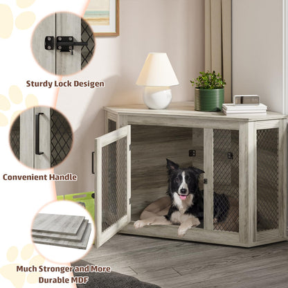 52 Inch Corner Dog Crate Furniture,Wooden Dog Kennel Furniture with Mesh,Decorative Wood Dog House for Small/Medium/Large Dog,Perfect for Indoor Limited Room