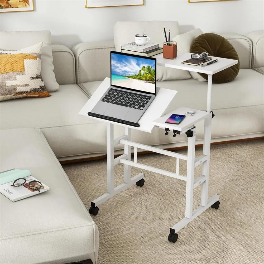 Portable Standing Desk Adjustable Height 26.4"-61", Mobile Computer Desk with Wheels, Tiltable Top & CPU Stand, Rolling Laptop Table Cart for Home Office, White