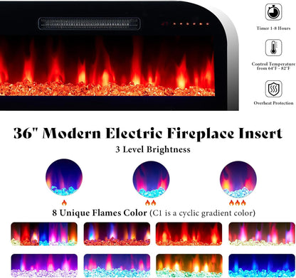 70" Glossy Oak Fireplace TV Stand with 36" Fireplace for Tvs up to 80", LED Lights Entertainment Center with Flip Doors & Corner Glass, Modern TV Console Table, Living Room, Black