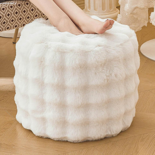 Faux Rabbit Fur round Inflatable Pouf Ottoman, 20 X 16 Waffle Bubble Fluffy Fuzzy Floor Poufs Foot Rest for Adults Kids Girls, Furry Pouf Chair Foot Stool Couch Home Decor, Anti-Slip, Beige