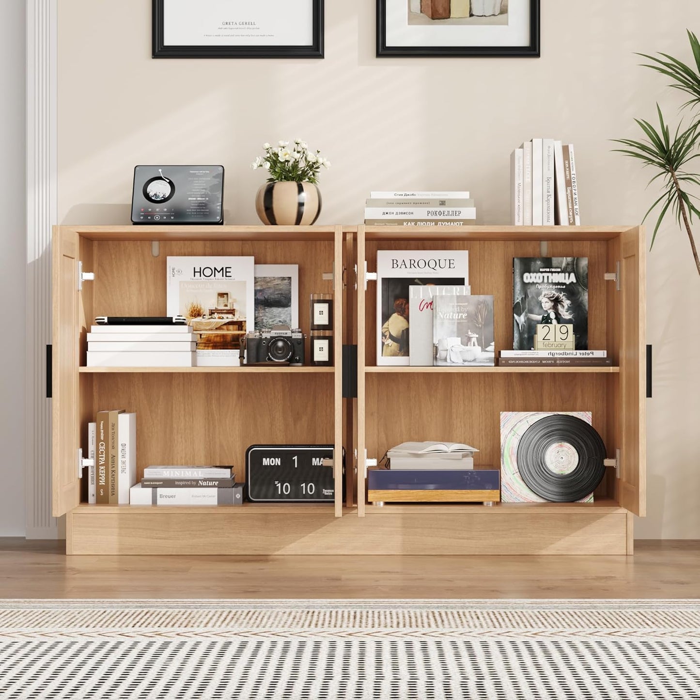 53.1“W Oak 4 Door Buffet Cabinet, Coffee Bar with Adjustable Shelf, Kitchen Sideboard for Living Room, Hallway
