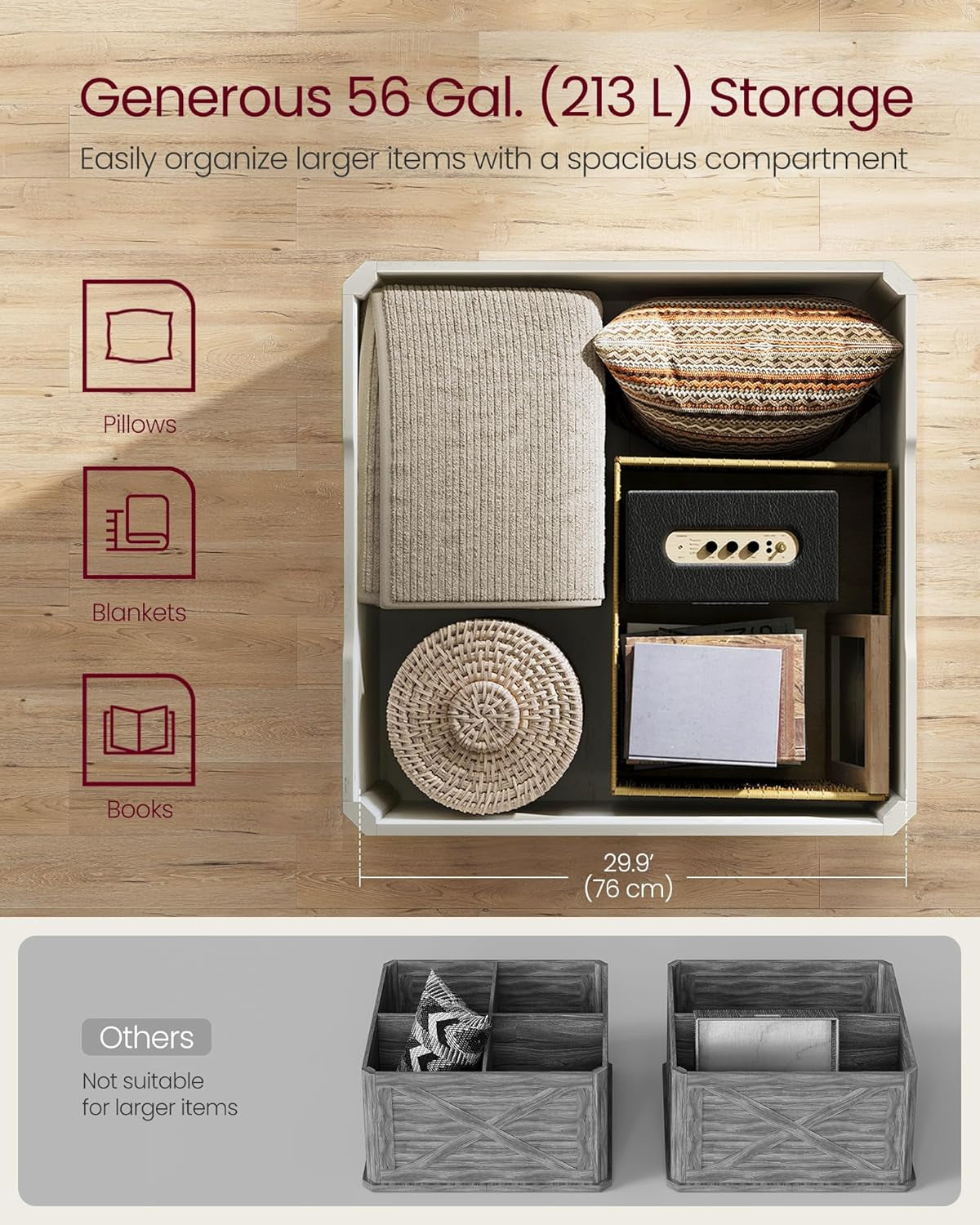 LIRY Collection - Farmhouse Coffee Table with Storage, Square Center Coffee Table for Living Room, with Hidden Compartment, Flip-Top Lids, Honey Brown and Rustic White ULCT232W73