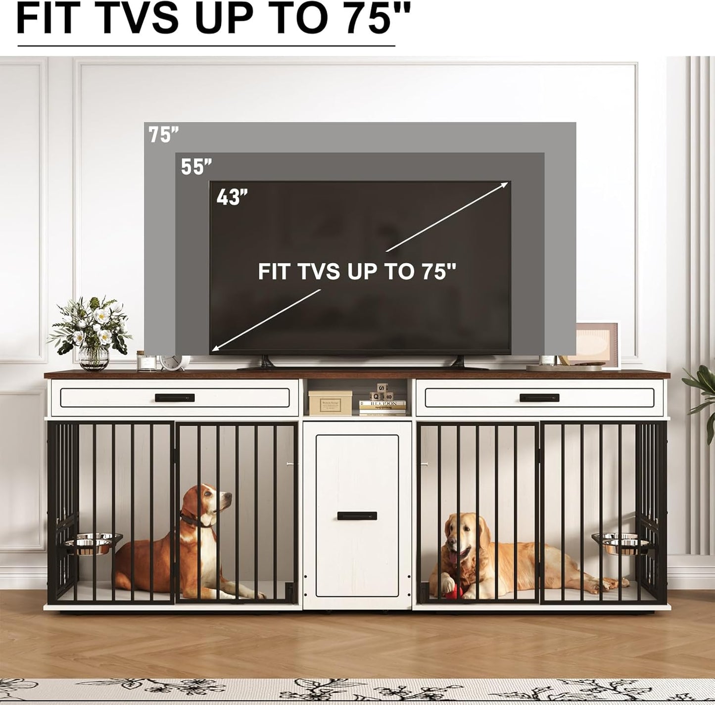 86.6" Dog Crate Furniture Large Breed TV Stand with Double Rooms, Wooden Dog Kennel Furniture with Dog Bowl, 2 Drawers and Cabinet for Large Medium Dogs, Brown