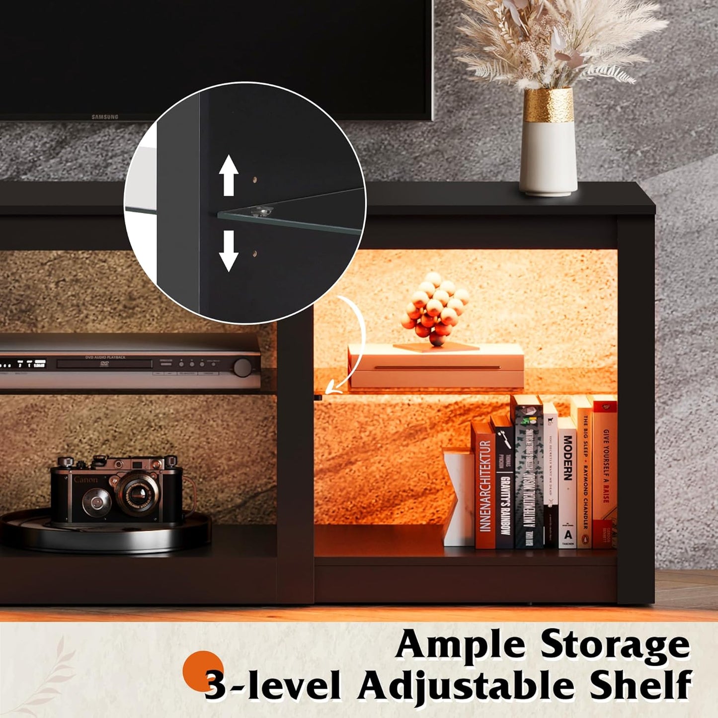 LED TV Stand for 65 Inch TV, Modern Entertainment Center with Adjustable Glass Shelves & Customizable LED Lights, Sturdy Media Console for Living Room, Bedroom,Gaming (Black)