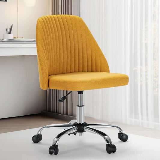 Armless Office Chair, Modern Fabric Home Office Desk Chairs with Wheels Adjustable Swivel Task Computer Vanity Seat for Small Spaces，Ginger Yellow