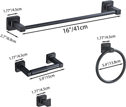 Matte Black Bathroom Hardware Set 4 Pieces,Towel Bar Set Stainless Steel Wall Mounted, Includes 16In Hand Towel Bar, Towel Ring, Robe Towel Hooks,Toilet Paper Holder, Bathroom Towel Rack Set