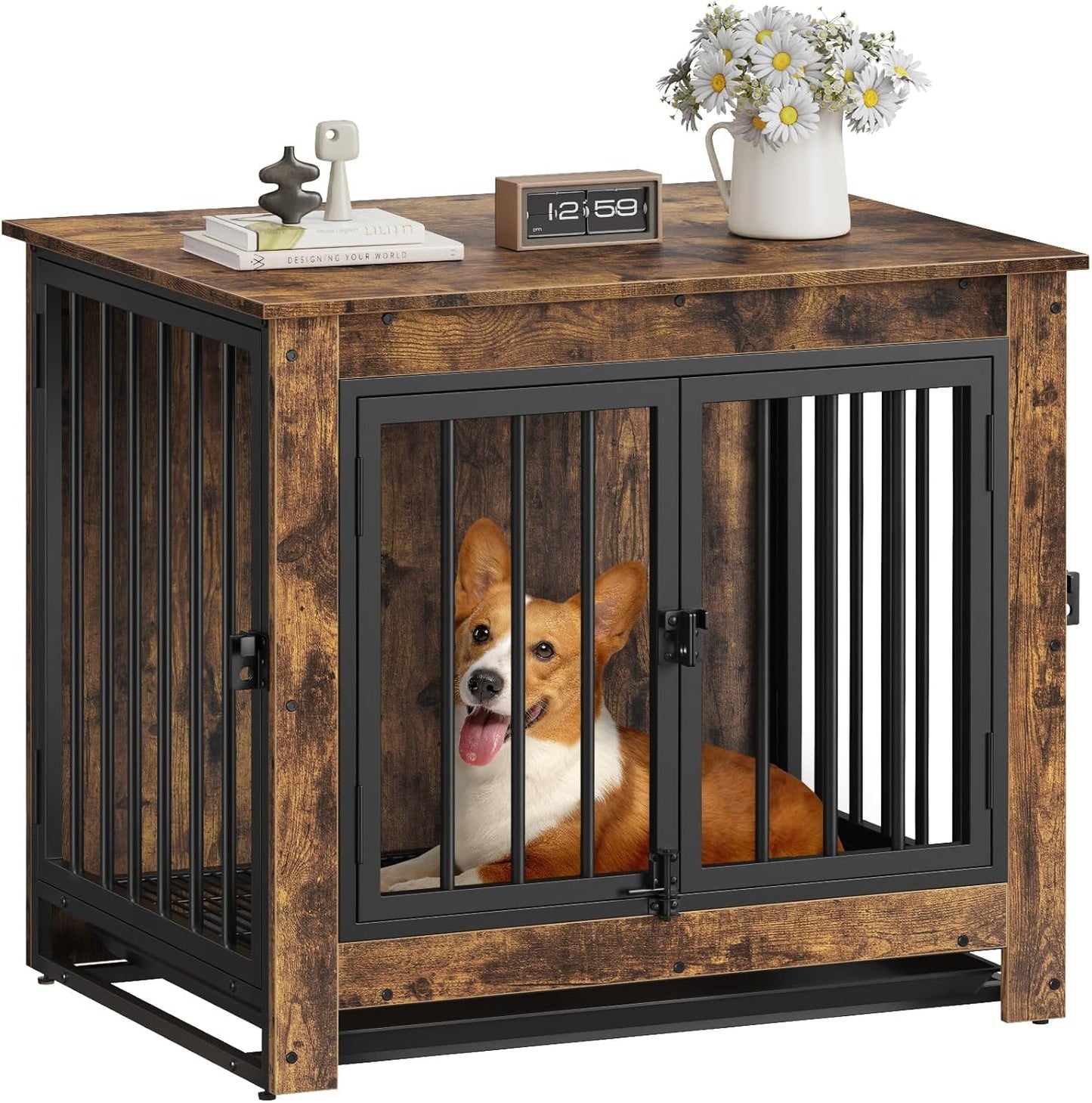 Dog Crate Furniture, Dog Crate End Table for Small and Medium Dogs,Wooden Cage Kennel Furniture Indoor, Modern Dog Crate with Multi-Purpose Removable Tray, Double-Doors Dog Furniture, White