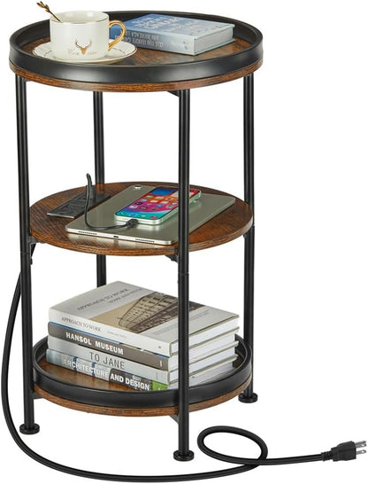 round Side Table with Charging Station, End Table with 3 Shelves for Living Room, Bedroom Nightstand for Small Spaces, Industrial round Sofa Table with Steel Frame (Usb+Rustic Brown)