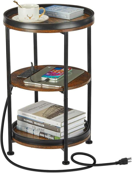 round Side Table with Charging Station, End Table with 3 Shelves for Living Room, Bedroom Nightstand for Small Spaces, Industrial round Sofa Table with Steel Frame (Usb+Rustic Brown)
