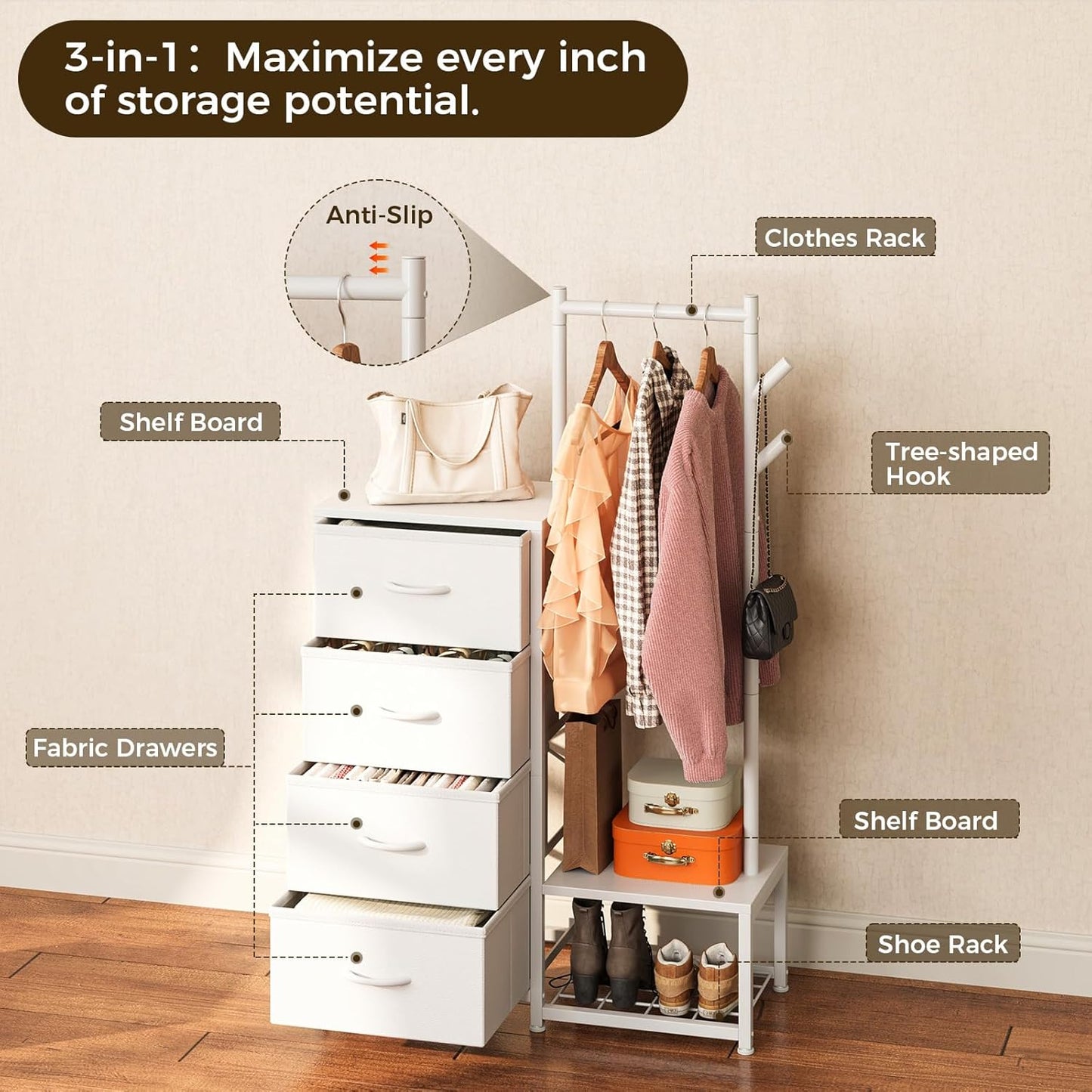 Small Dresser for Bedroom with Clothes Hanging Rack, Reversible Bedroom Dresser with Shoe Rack & 4 Fabric Drawers, 3-In-1 Storage Chest of Drawers with Storage Shelves & Tree Hooks, White
