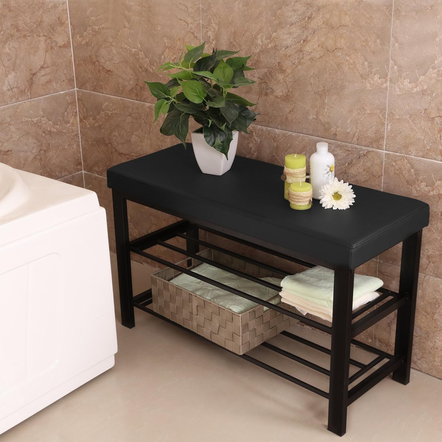 SONGMICS Shoe Bench, 3-Tier Shoe Rack for Entryway, Storage Organizer with Foam Padded Seat, Faux Leather, Metal Frame, for Living Room, Hallway, 12.2 X 31.9 X 19.3 Inches, Black ULBS58H