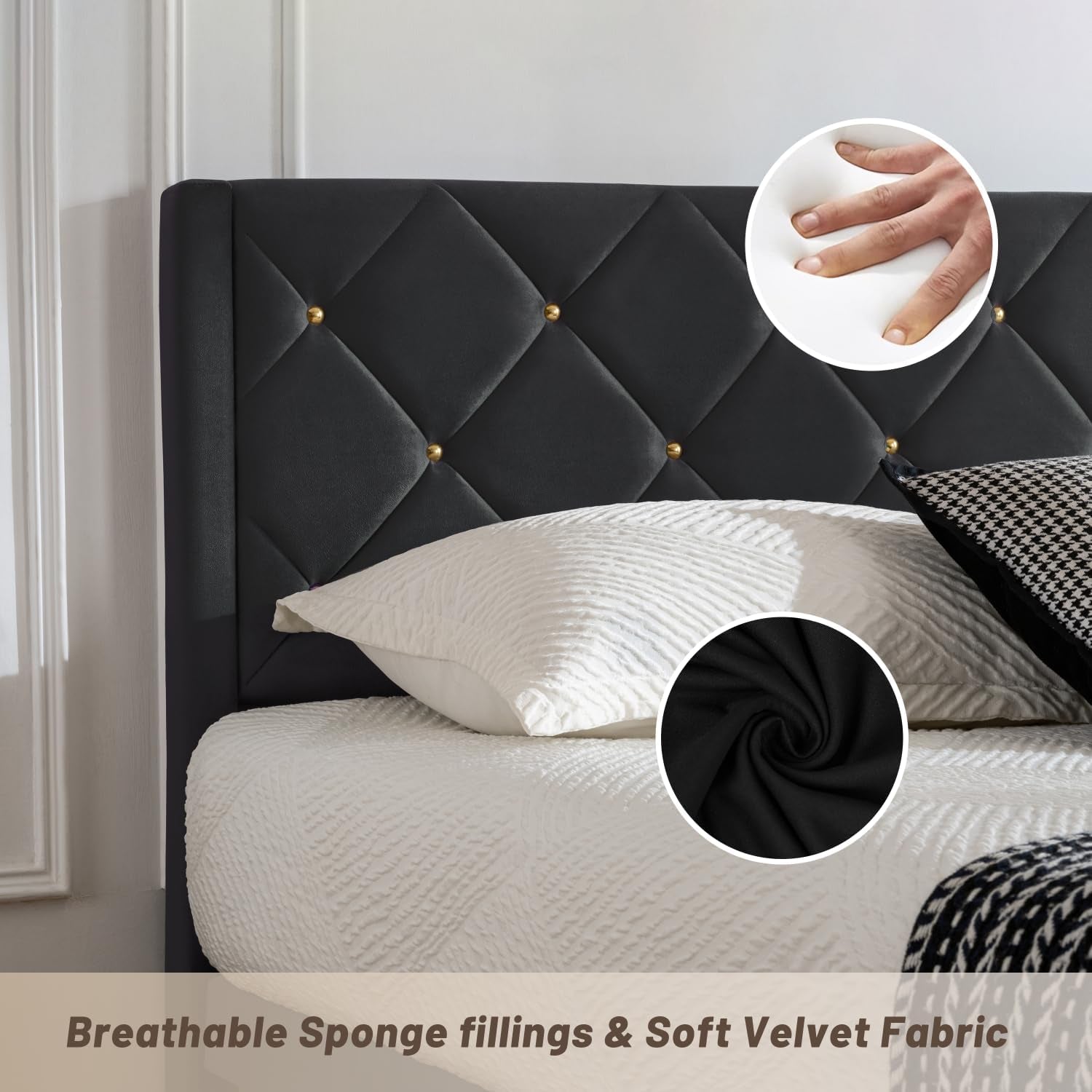 Queen Bed Frame with Headboard, Bed Frame Queen Size with Sturdy Wooden Slats Support, Platform Frame with Velvet Upholstered Headboard, Mattress Foundation, Easy Assembly, No Box Spring Needed Black