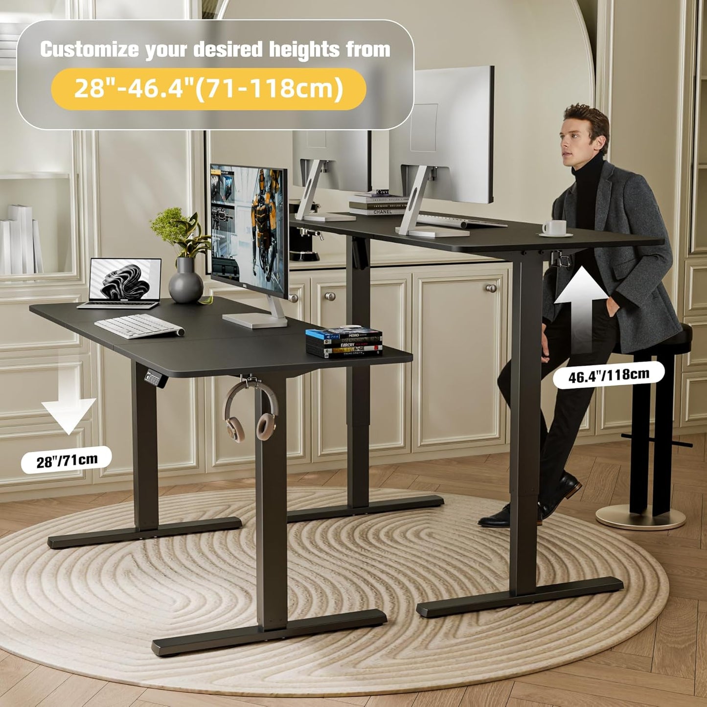 Electric Standing Desk, 55" X 23.6" Height Adjustable Sit Stand Desk with Splice Board for Home Office, Computer Table Memory Preset (Black Frame, Black Desktop)