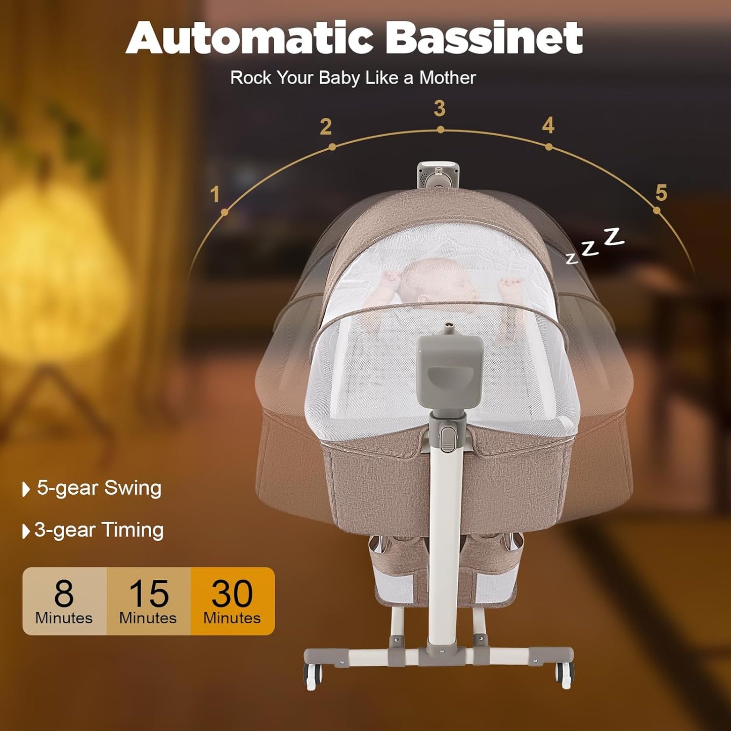 Smart Baby Bassinet Bedside Sleeper with Auto Rocking, 5 Swing Speeds & 3 Timer Settings, Bluetooth Music, Height Adjustable (18.1-19.7In), 44Lbs Capacity for Newborns 0-24 Months, Khaki