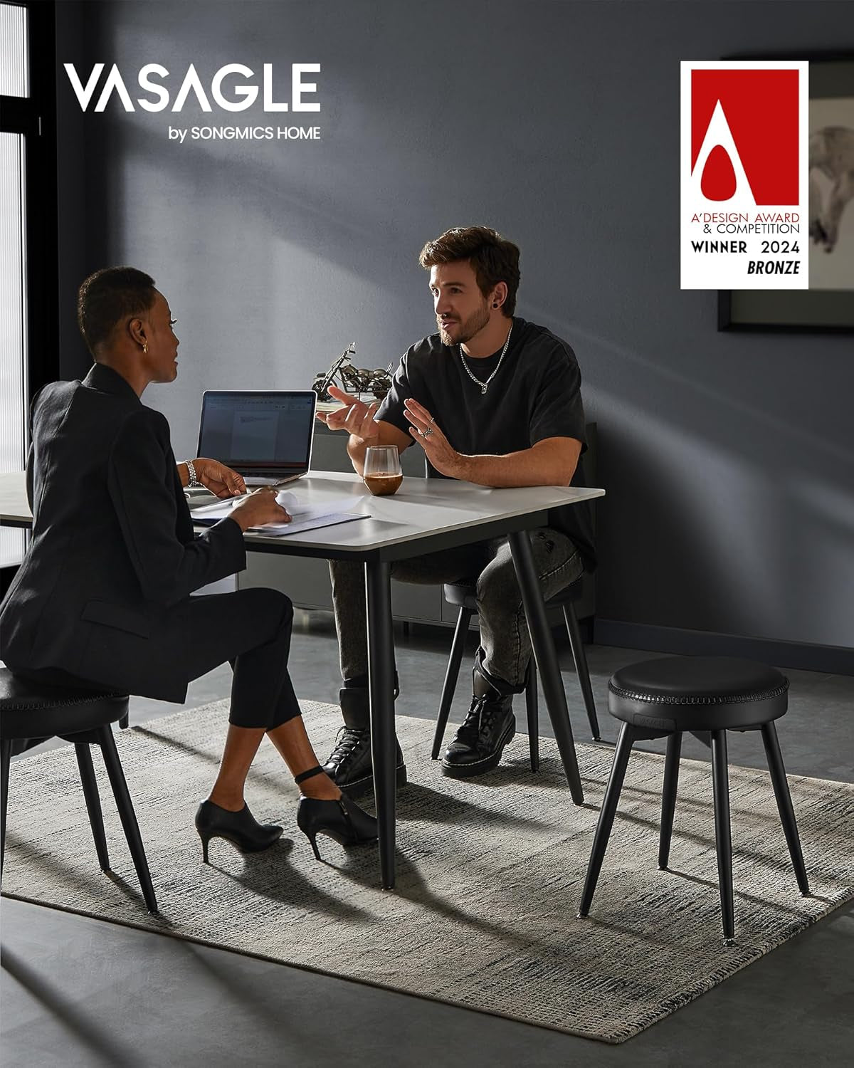 EKHO Collection - Dining Chairs Stools Set of 2, Upholstered Kitchen Chairs, Vanity Stools, Synthetic Leather with Stitching, Mid-Century Modern, 19-Inch Tall, Easy Assembly, Ink Black