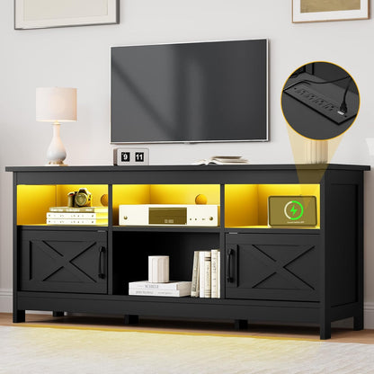Farmhouse TV Stand for 65 Inch TV, Black Entertainment Center with LED Lights & Power Outlet, TV Media Console with Storage for Living Room, Black