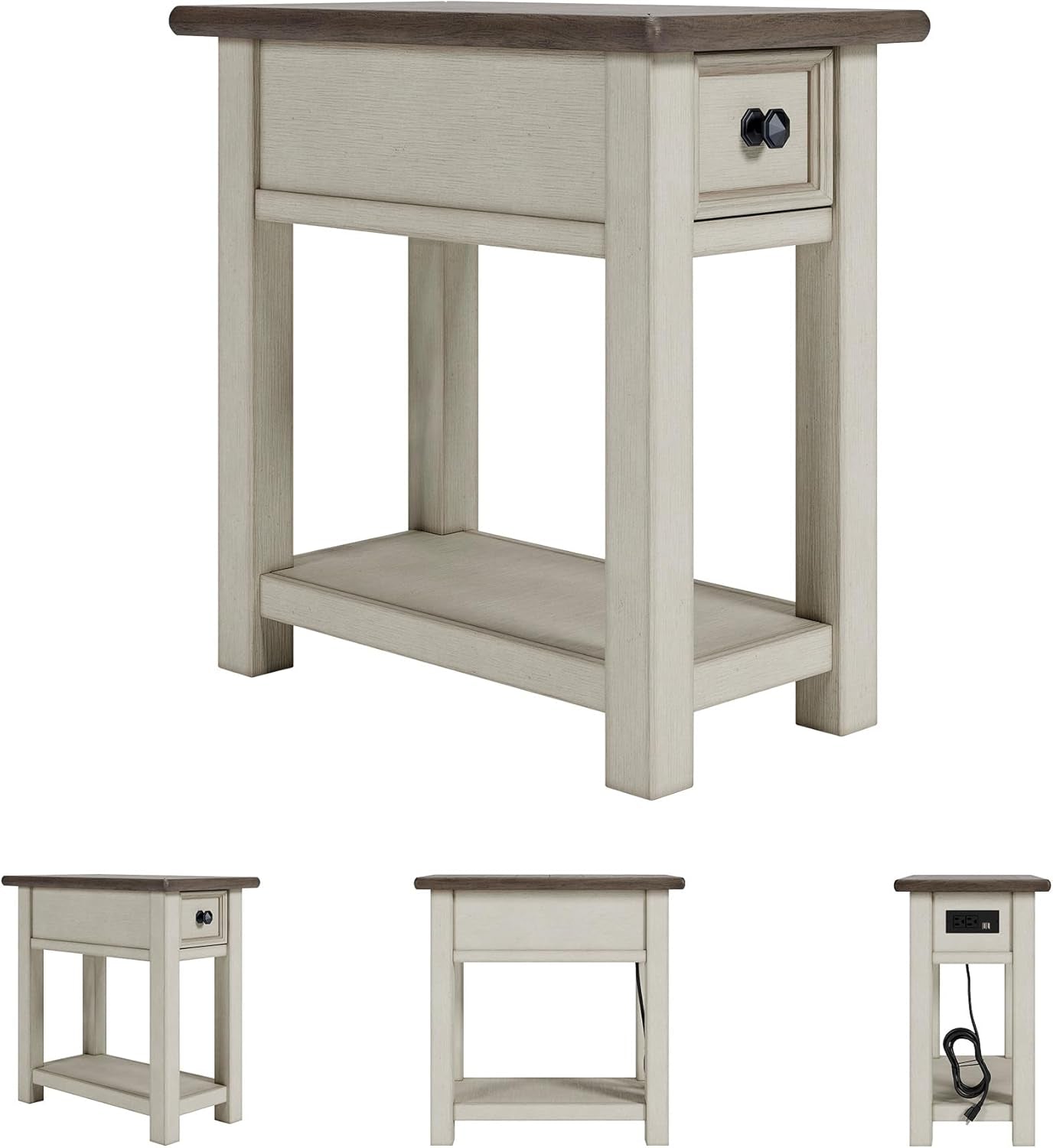 Bolanburg Chairside End Table with Charging Station, Two-Tone Wood Accent Table with Drawer Storage, Plank Top Design for Living Room or Bedroom, Antique White