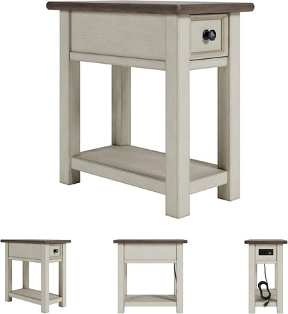Bolanburg Chairside End Table with Charging Station, Two-Tone Wood Accent Table with Drawer Storage, Plank Top Design for Living Room or Bedroom, Antique White