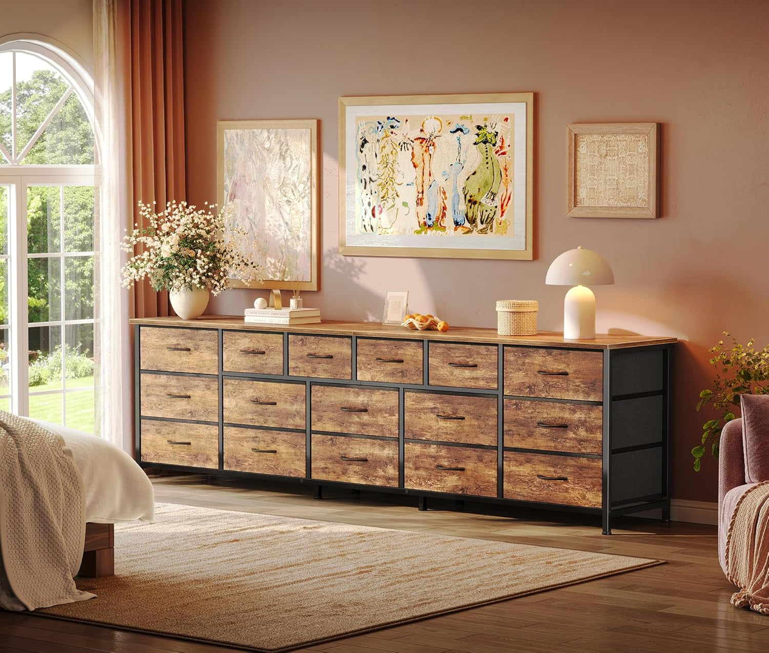 77.6" Long Dresser for Bedroom, 16 Drawer Fabric Dresser for Closet, Wide Chest of Drawers with Storage, TV Stand for 65, 75, 85 Inch TV, 77.6" W X 12.9" D X 26.7" H, Rustic Brown